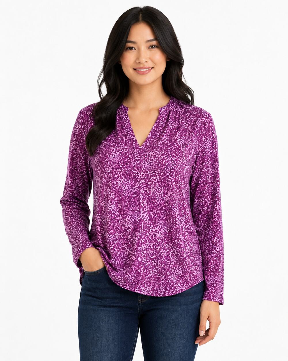 Isaac Mizrahi Live Printed Floral V-Neck Tunic Top Purple Small NWOT